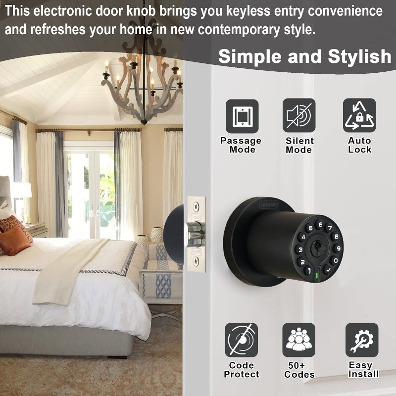 iulock IU-20 رمز قفل الباب مقبض الباب الإلكتروني مع لوحة المفاتيح ومفتاح القفل التلقائي وظيفة المرور المقاومة للماء عمر البطارية الطويل 50 رمزًا سهل الاستخدام والتركيب للمكتب/المستودع/غرفة النوم/المرآب - Image 2